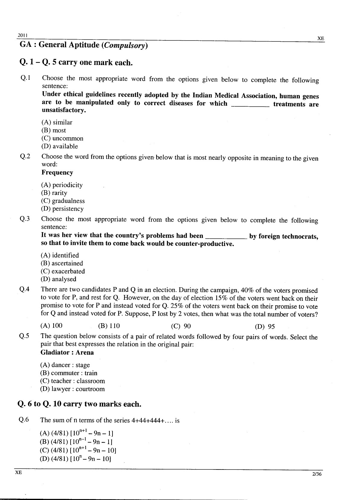 GATE Exam Question Paper 2011 Engineering Sciences 2
