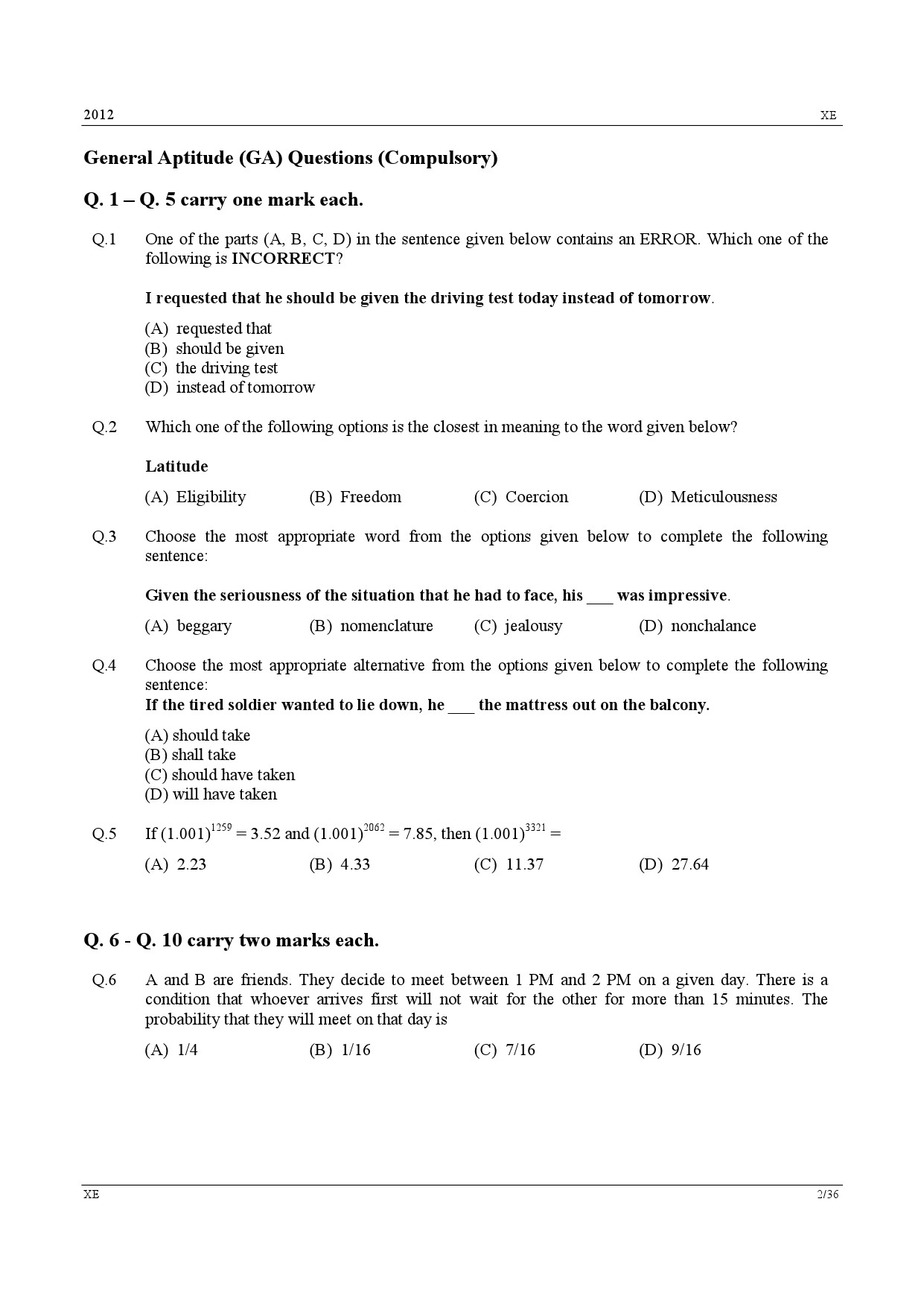 GATE Exam Question Paper 2012 Engineering Sciences 2