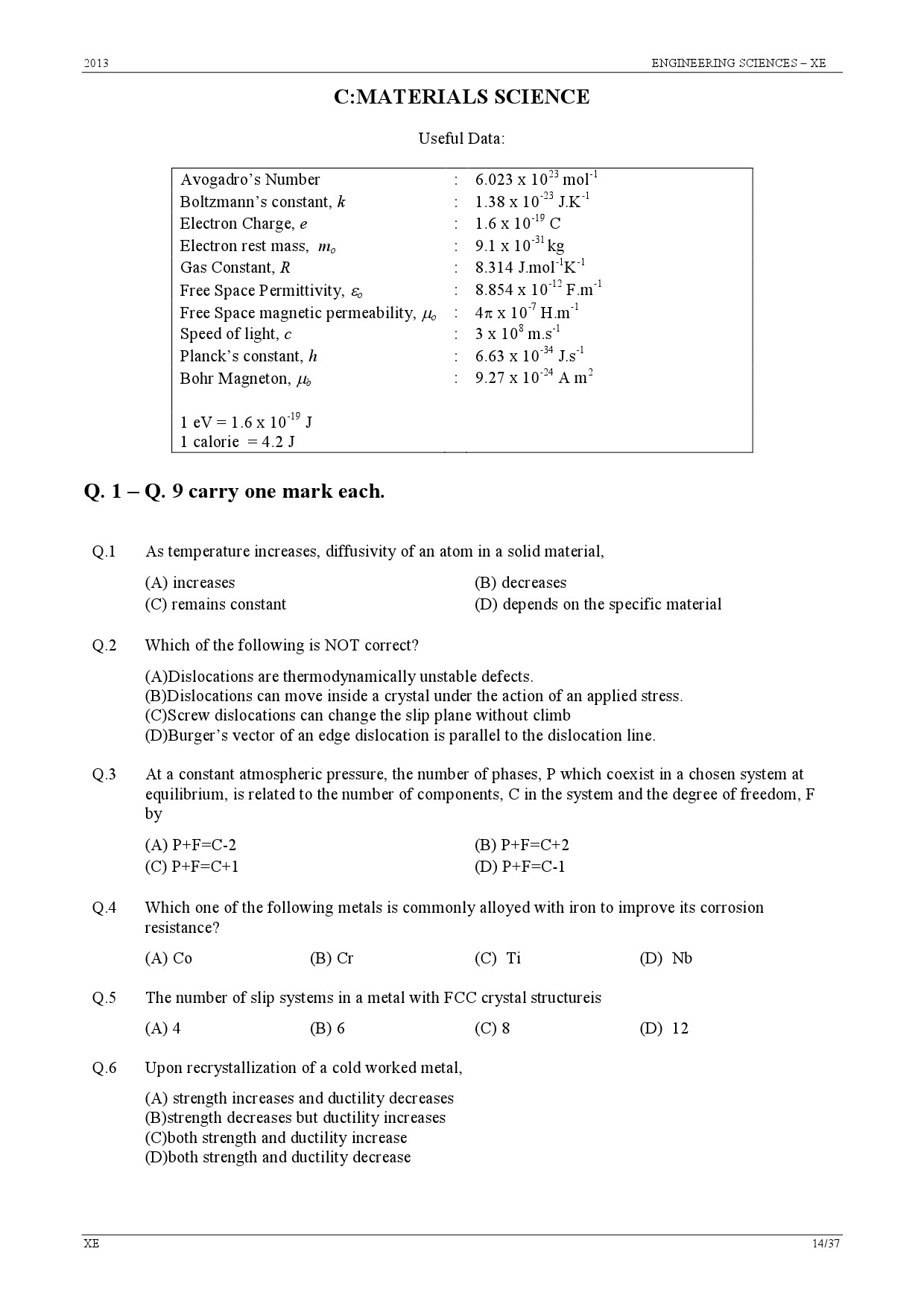 GATE Exam Question Paper 2013 Engineering Sciences 14
