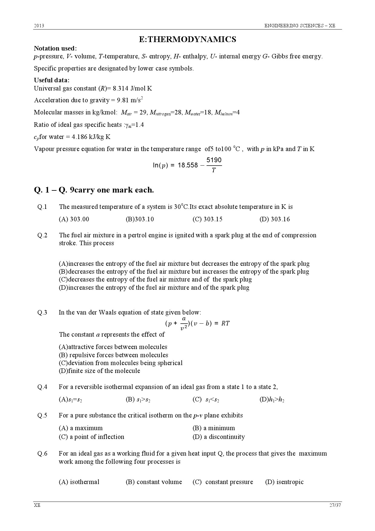 GATE Exam Question Paper 2013 Engineering Sciences 27