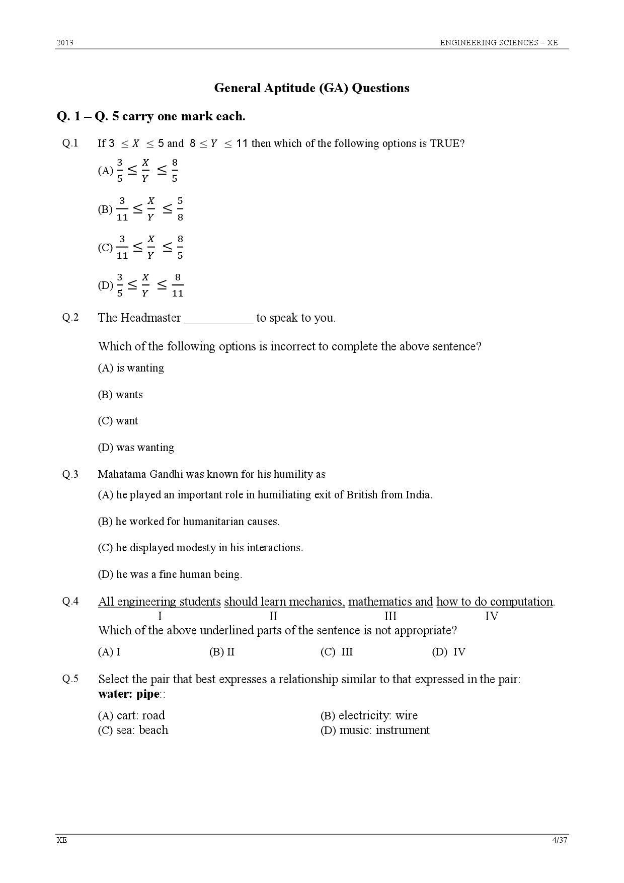 GATE Exam Question Paper 2013 Engineering Sciences 4