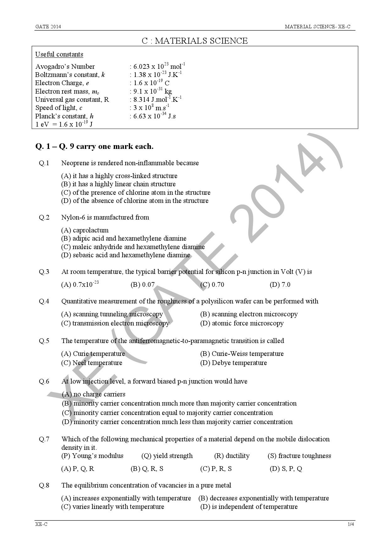GATE Exam Question Paper 2014 Engineering Sciences 18