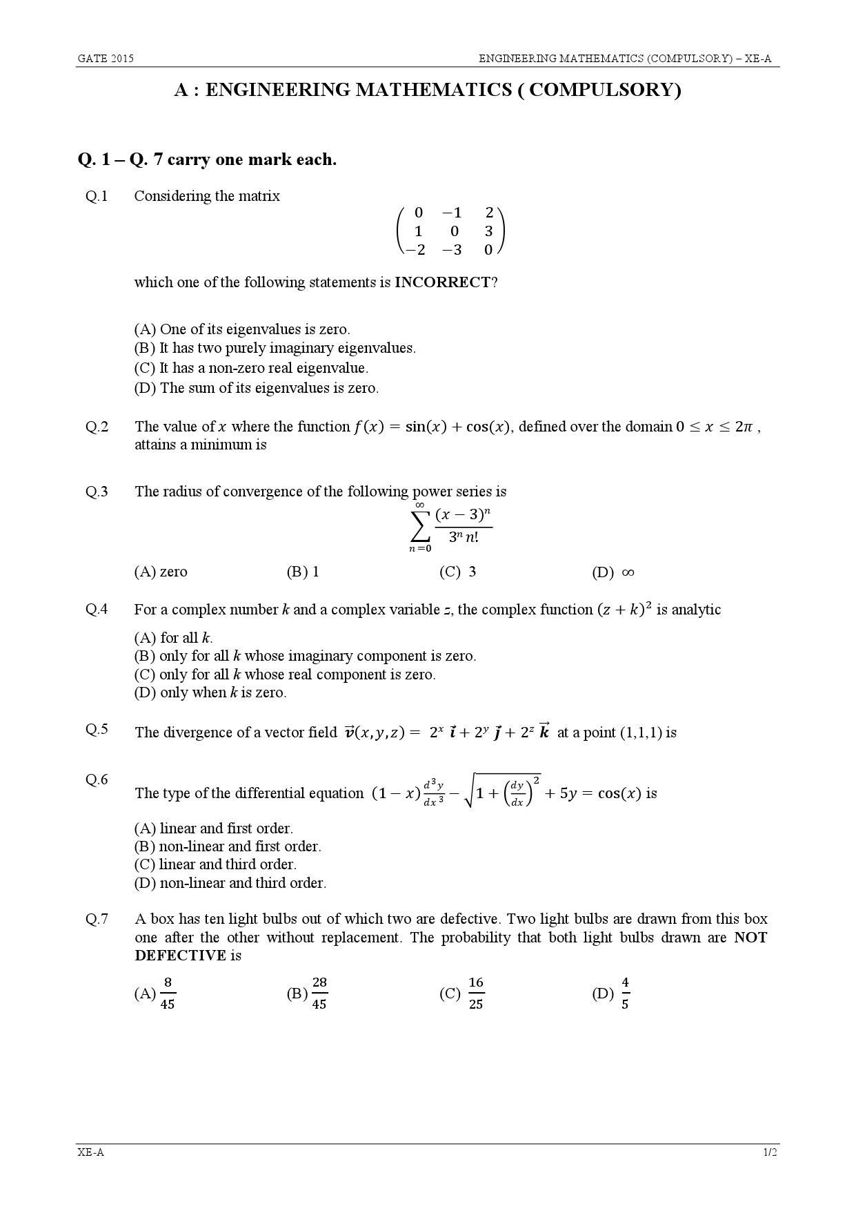 GATE Exam Question Paper 2015 Engineering Sciences 1