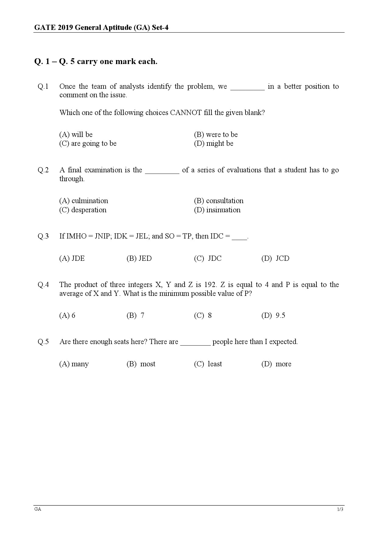 GATE Exam Question Paper 2019 Engineering Sciences 1