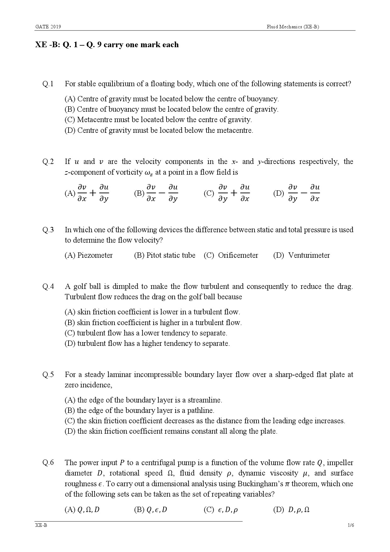 GATE Exam Question Paper 2019 Engineering Sciences 6