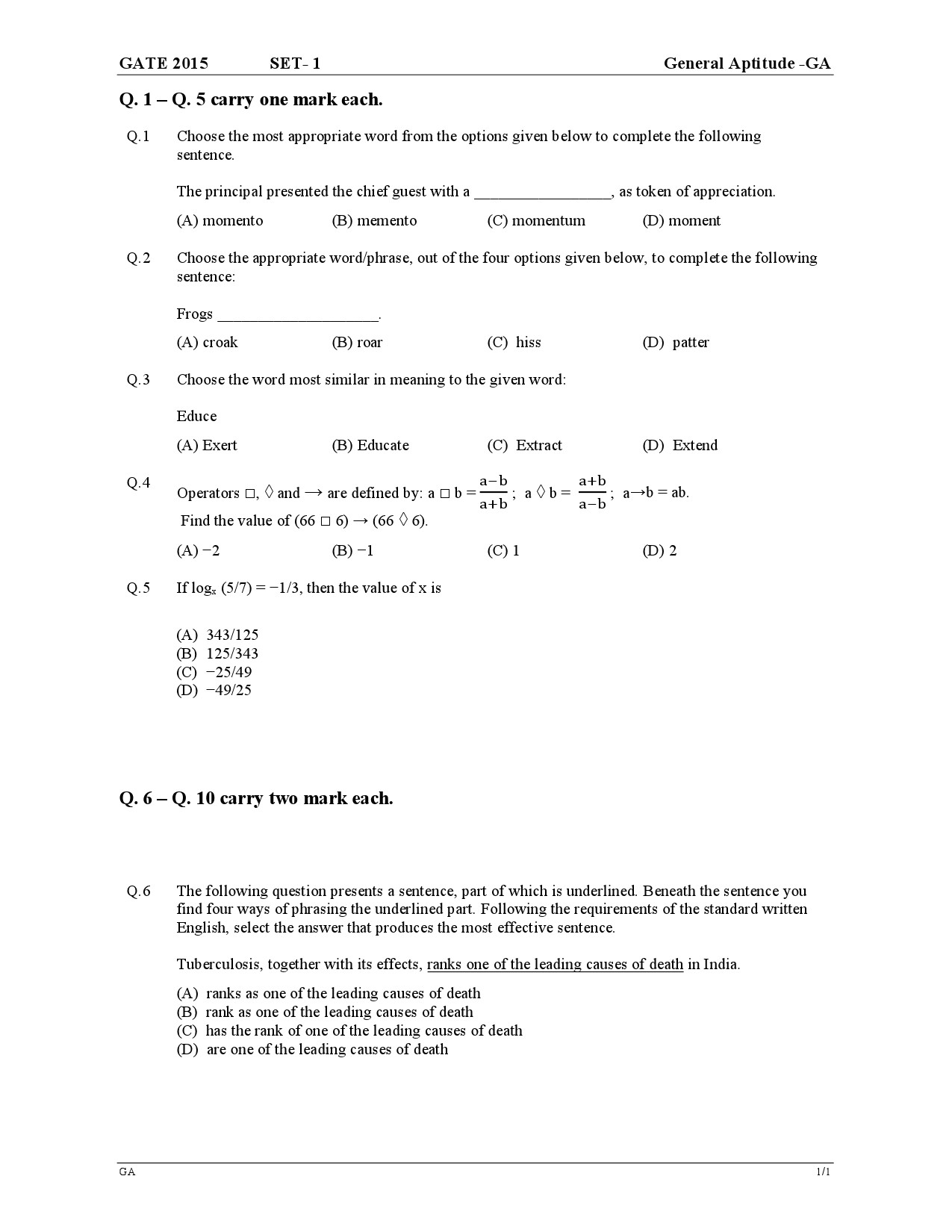 GATE Exam Question Paper 2015 General Aptitude 1