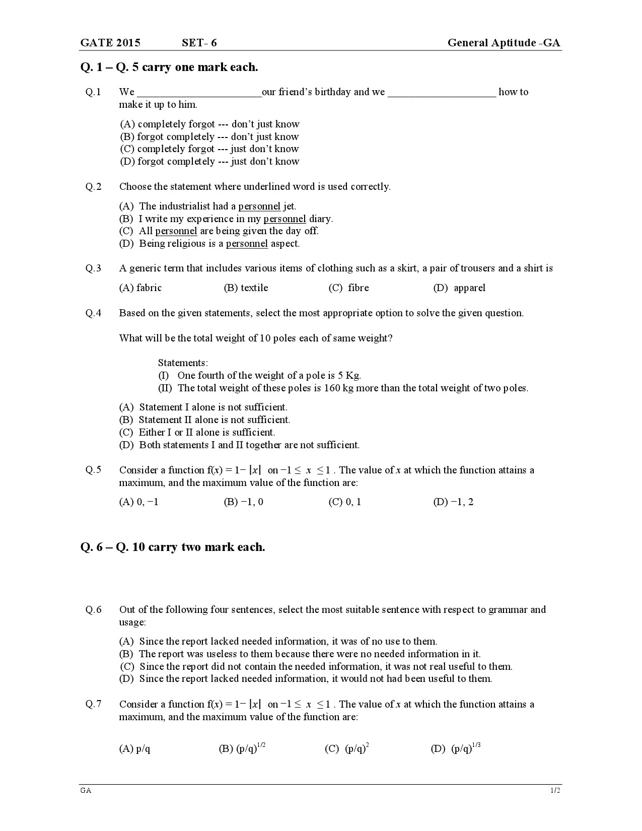 GATE Exam Question Paper 2015 General Aptitude 12
