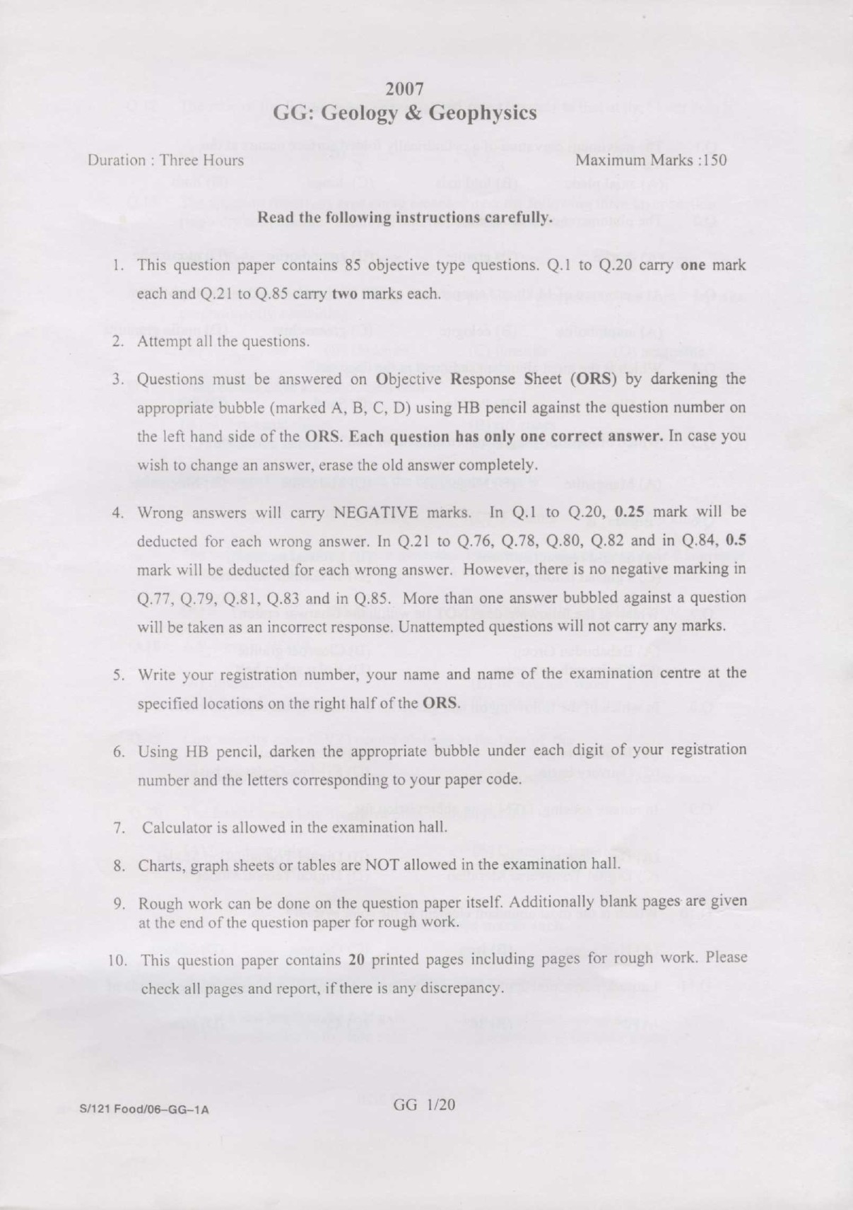 GATE Exam Question Paper 2007 Geology and Geophysics 1