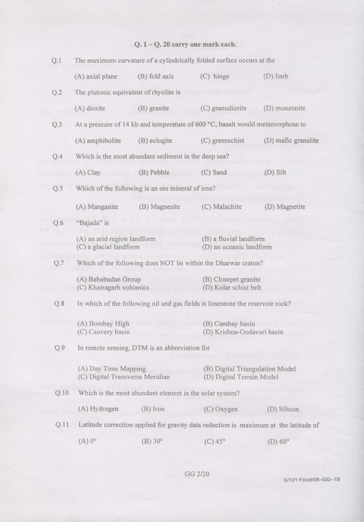 GATE Exam Question Paper 2007 Geology and Geophysics 2