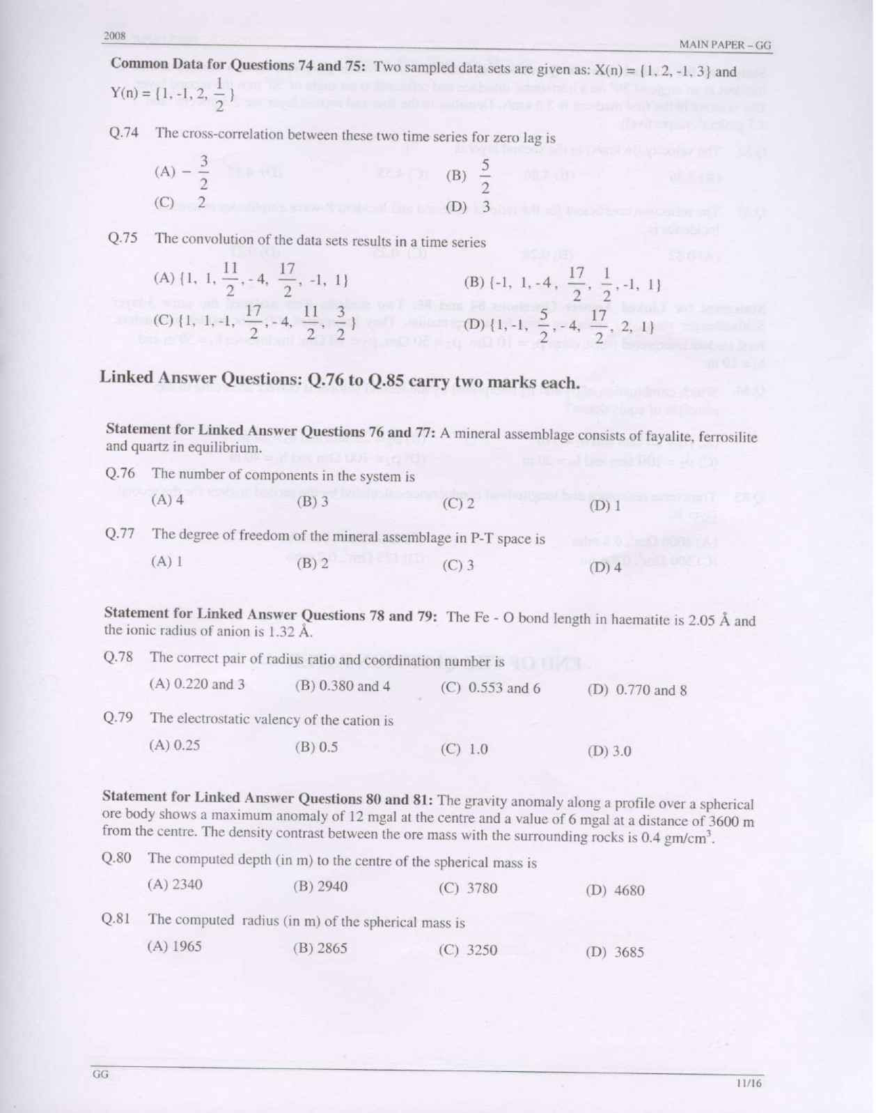 GATE Exam Question Paper 2008 Geology and Geophysics 11