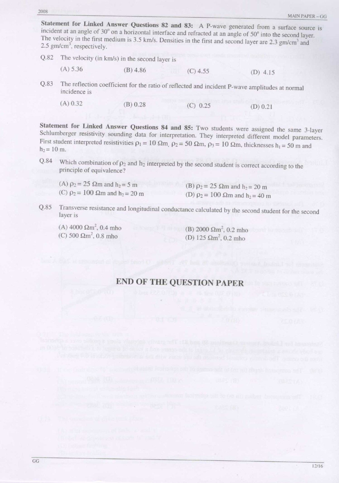 GATE Exam Question Paper 2008 Geology and Geophysics 12