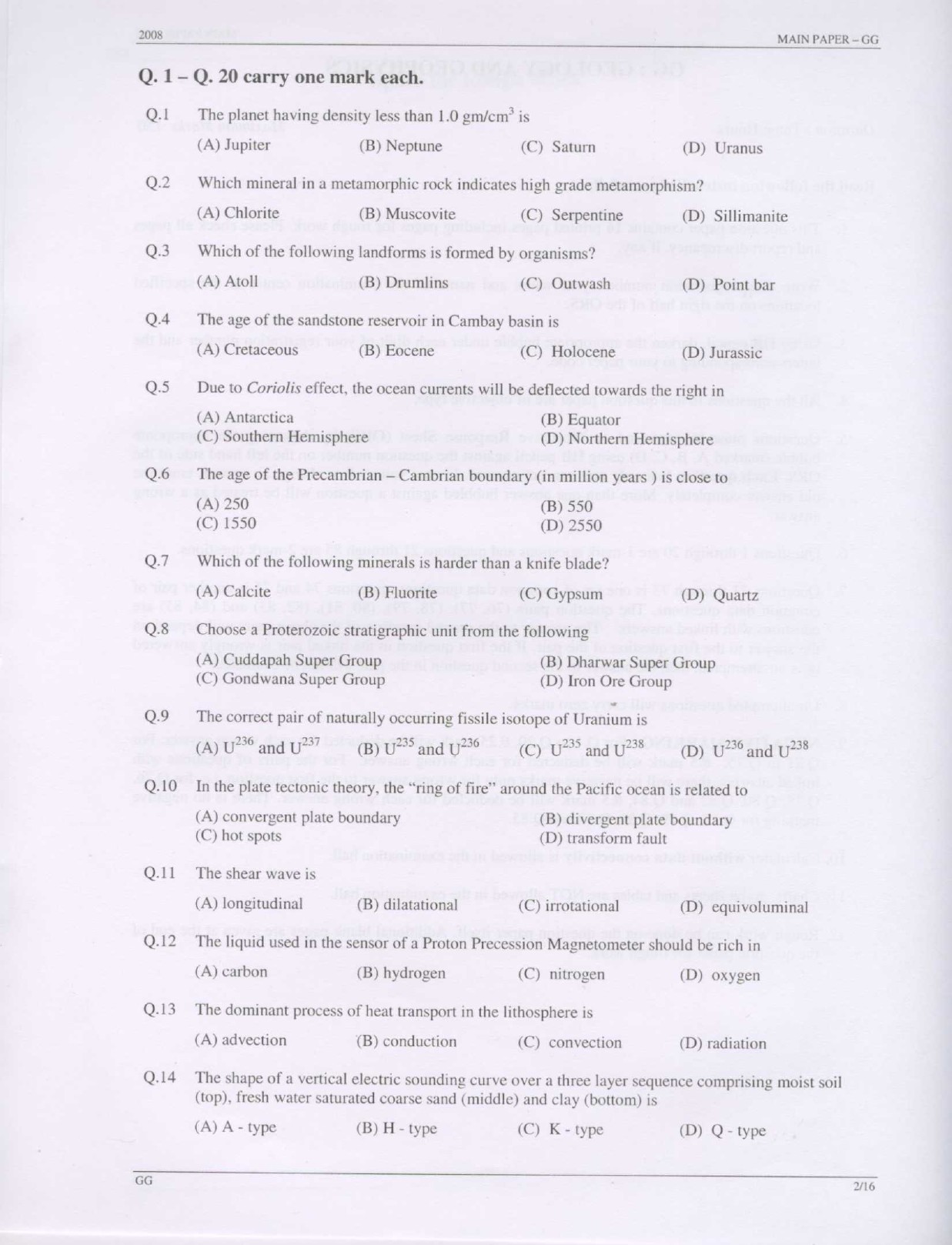 GATE Exam Question Paper 2008 Geology and Geophysics 2