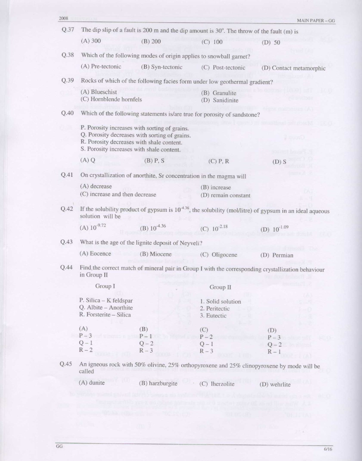 GATE Exam Question Paper 2008 Geology and Geophysics 6