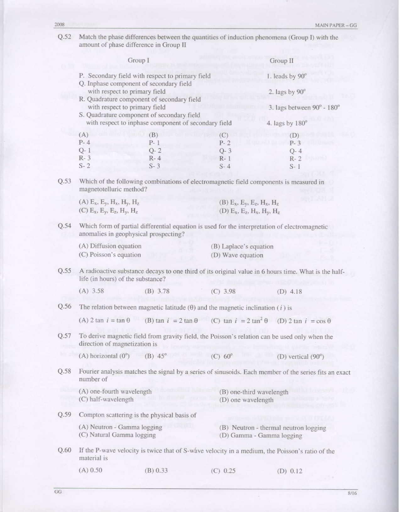 GATE Exam Question Paper 2008 Geology and Geophysics 8
