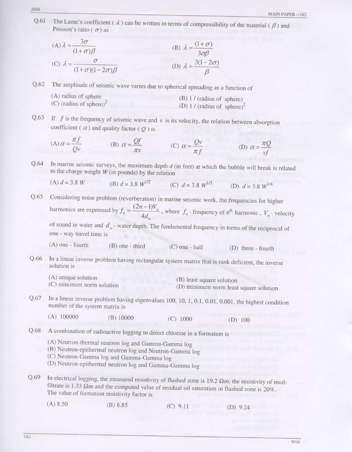 GATE Exam Question Paper 2008 Geology and Geophysics 9