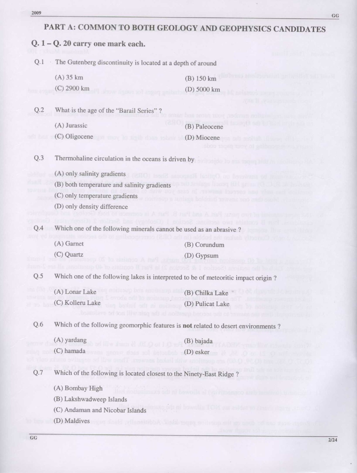 GATE Exam Question Paper 2009 Geology and Geophysics 2