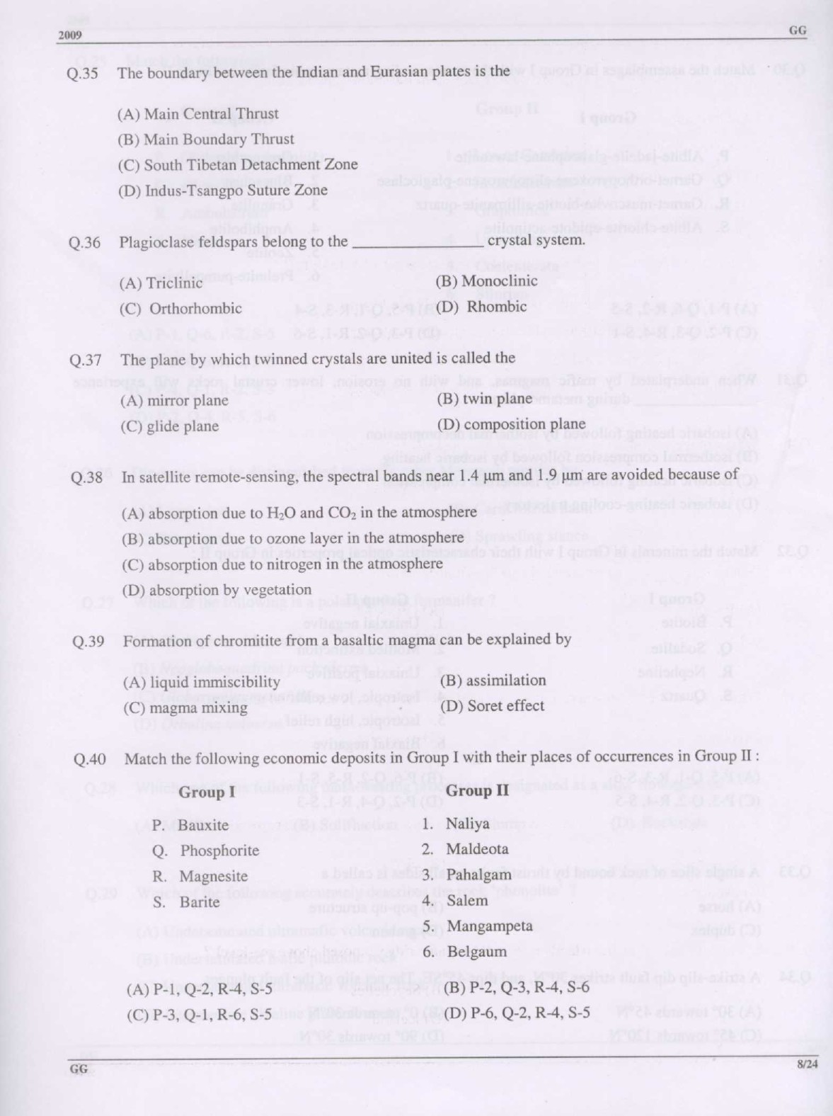 GATE Exam Question Paper 2009 Geology and Geophysics 8