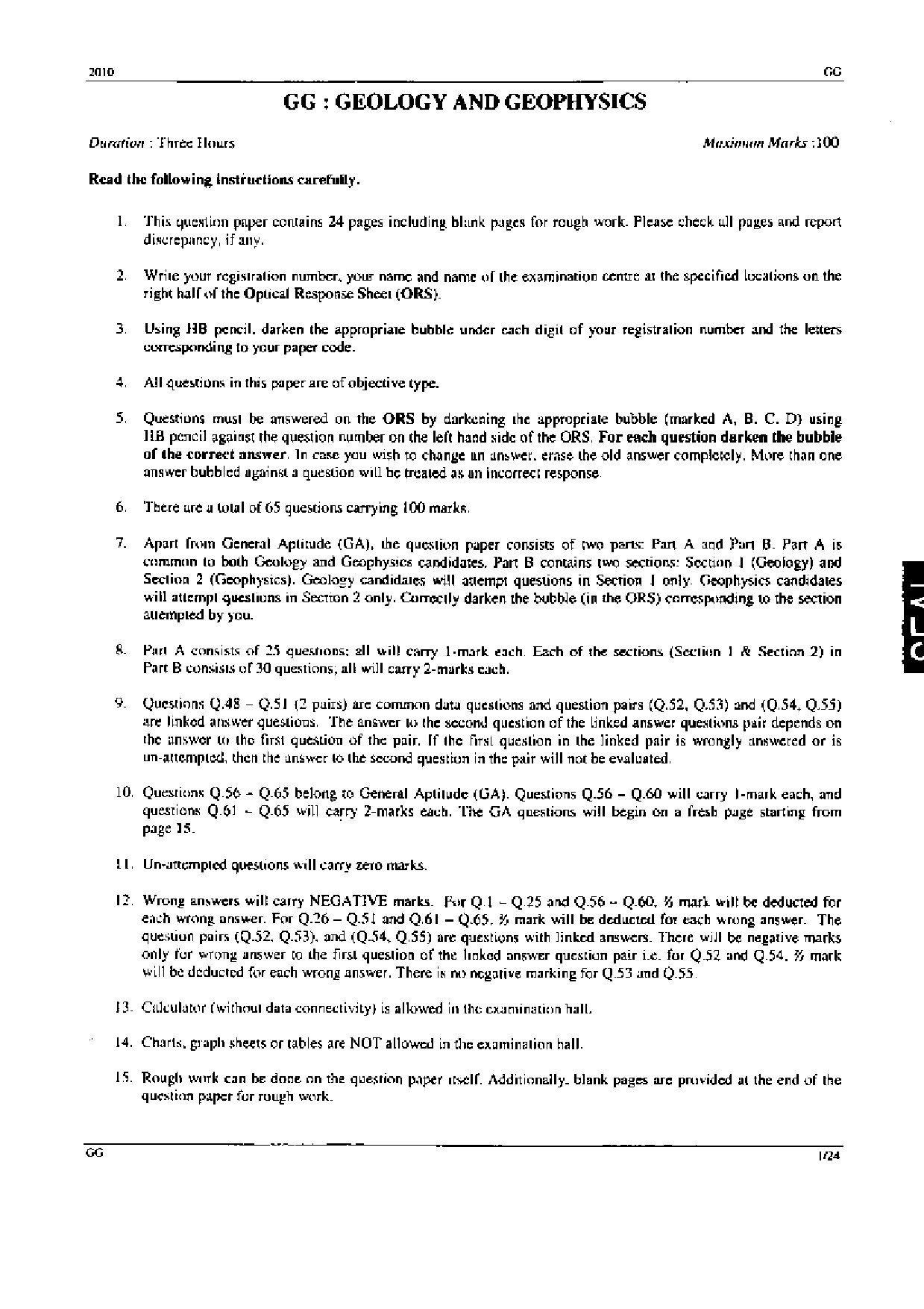 GATE Exam Question Paper 2010 Geology and Geophysics 1
