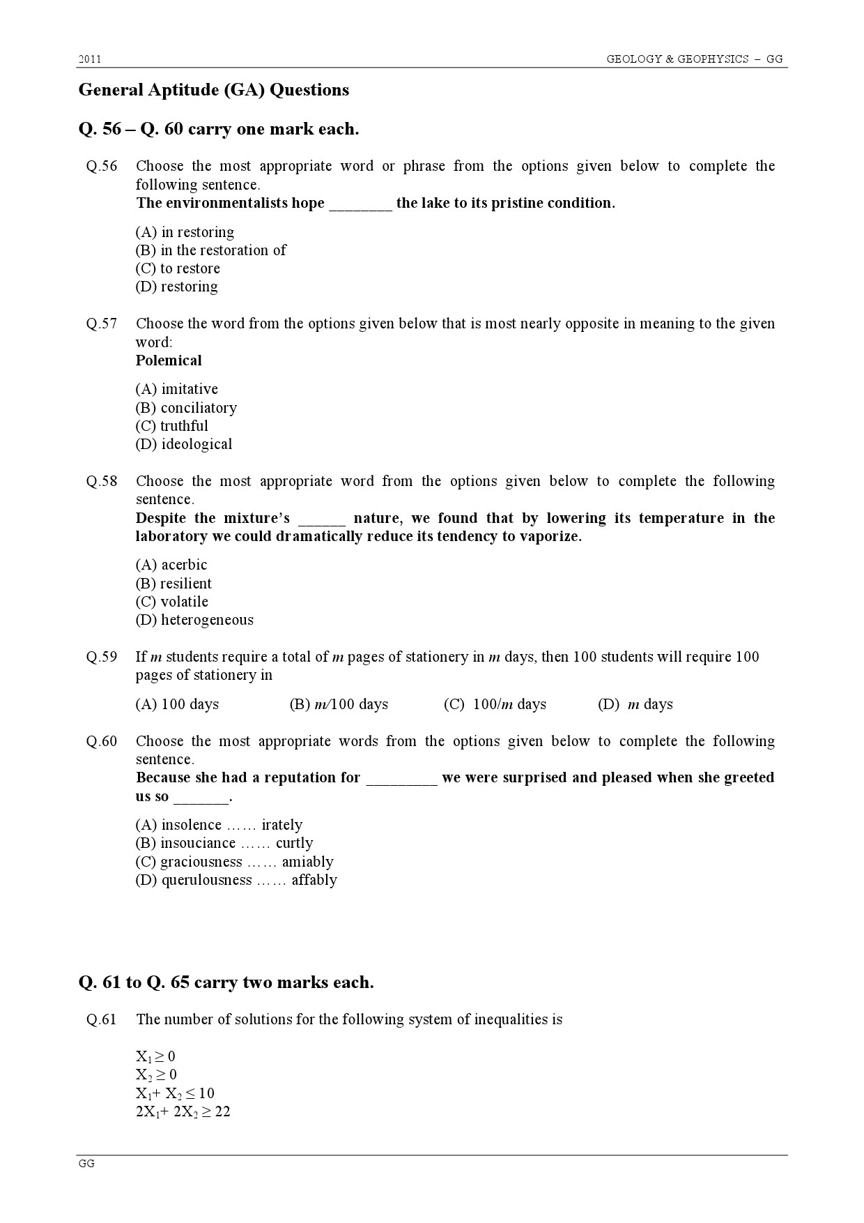 GATE Exam Question Paper 2011 Geology and Geophysics 17