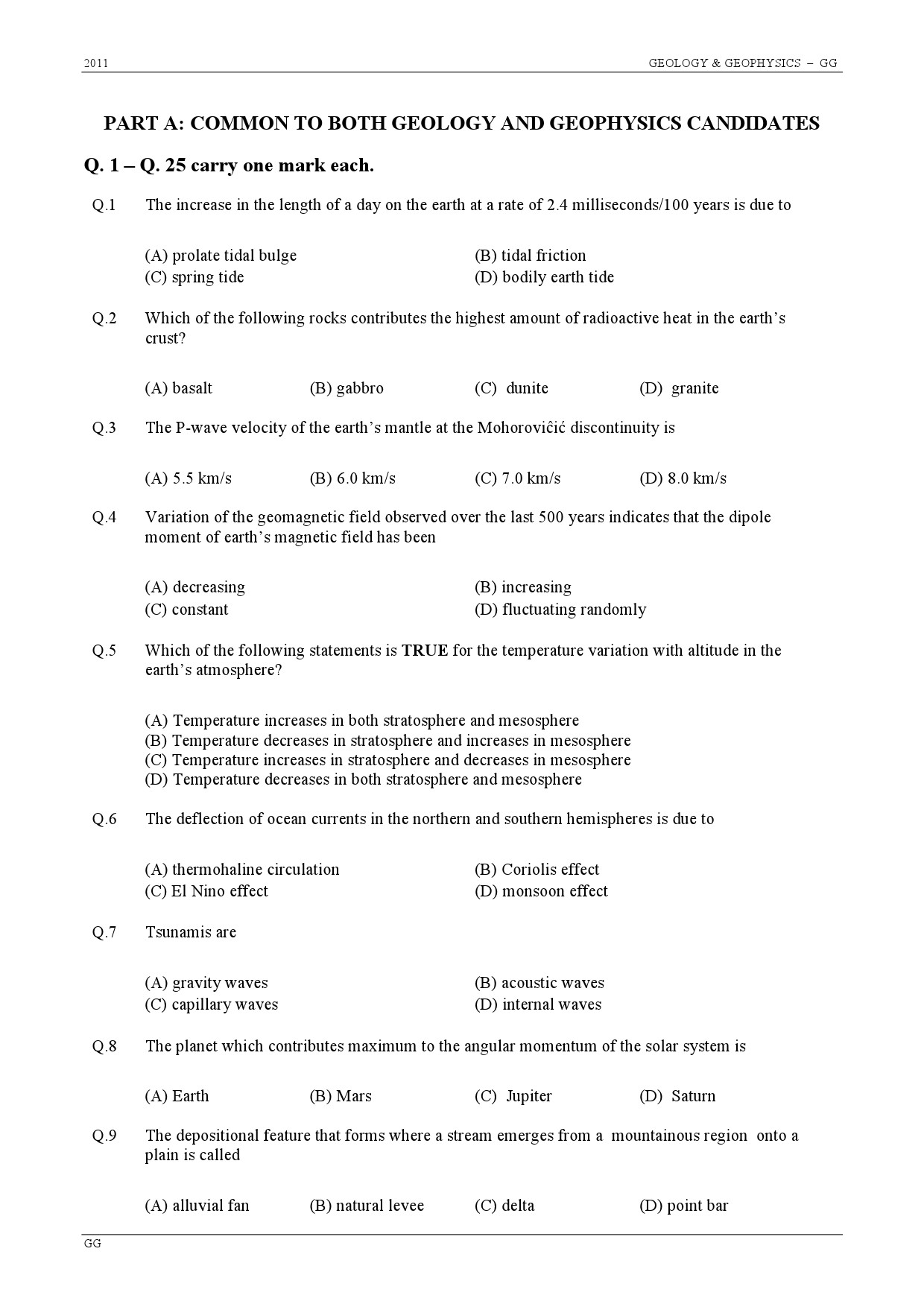 GATE Exam Question Paper 2011 Geology and Geophysics 2