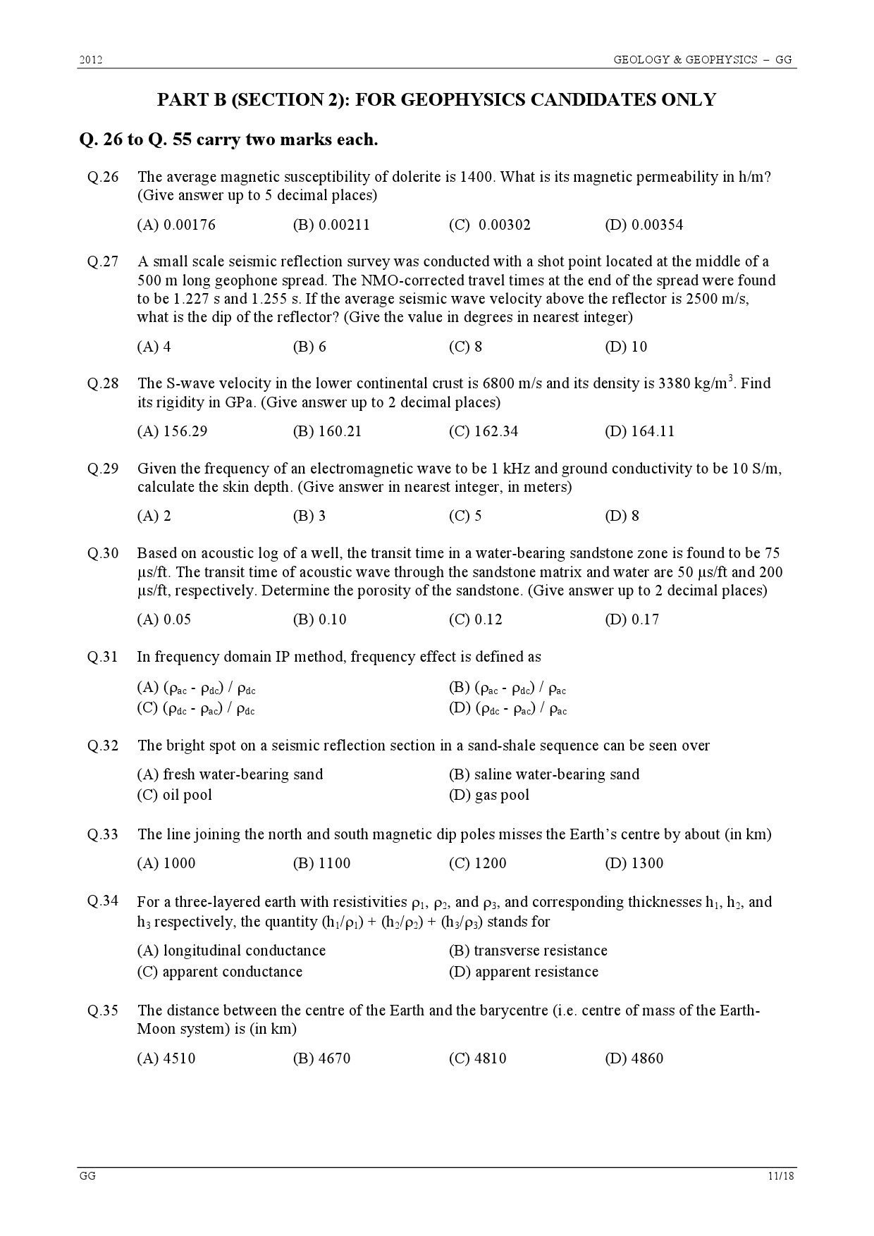 GATE Exam Question Paper 2012 Geology and Geophysics 11