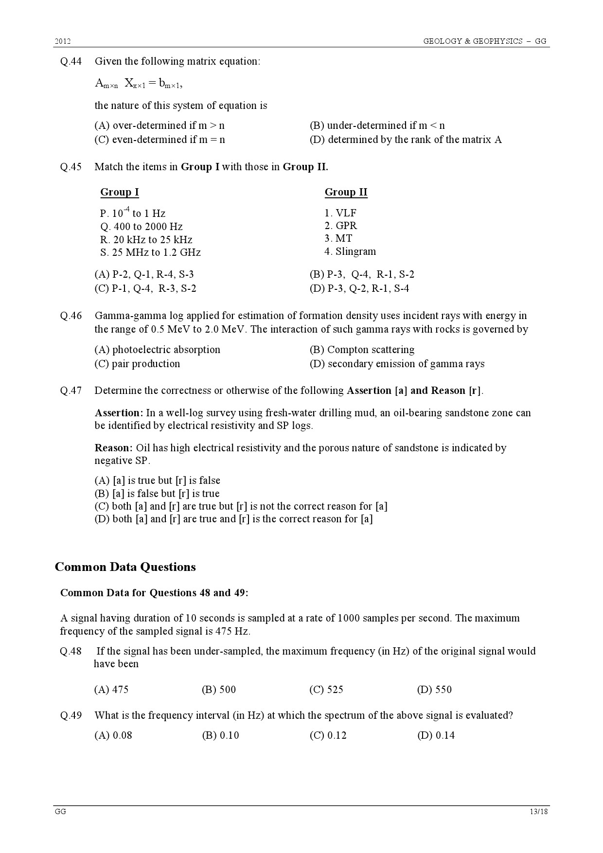 GATE Exam Question Paper 2012 Geology and Geophysics 13