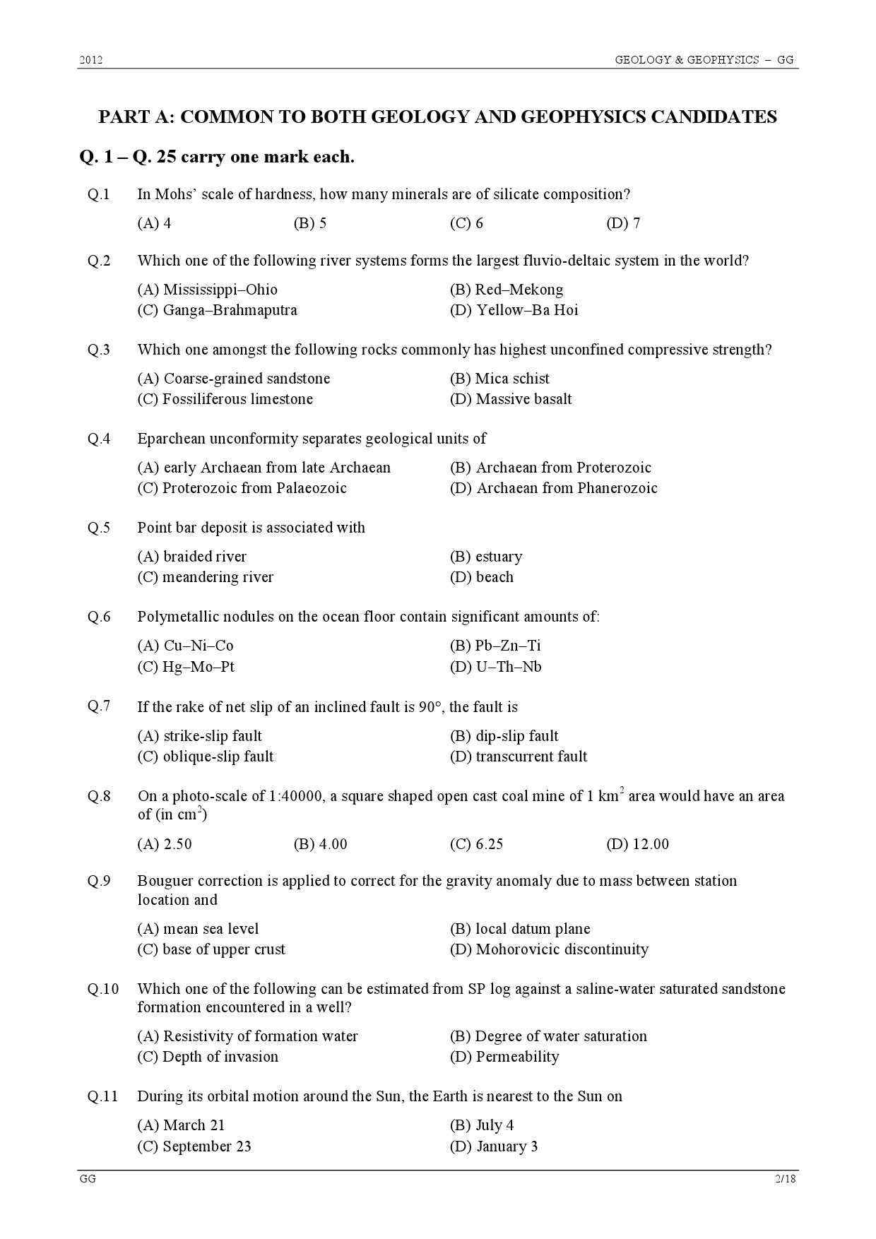 GATE Exam Question Paper 2012 Geology and Geophysics 2