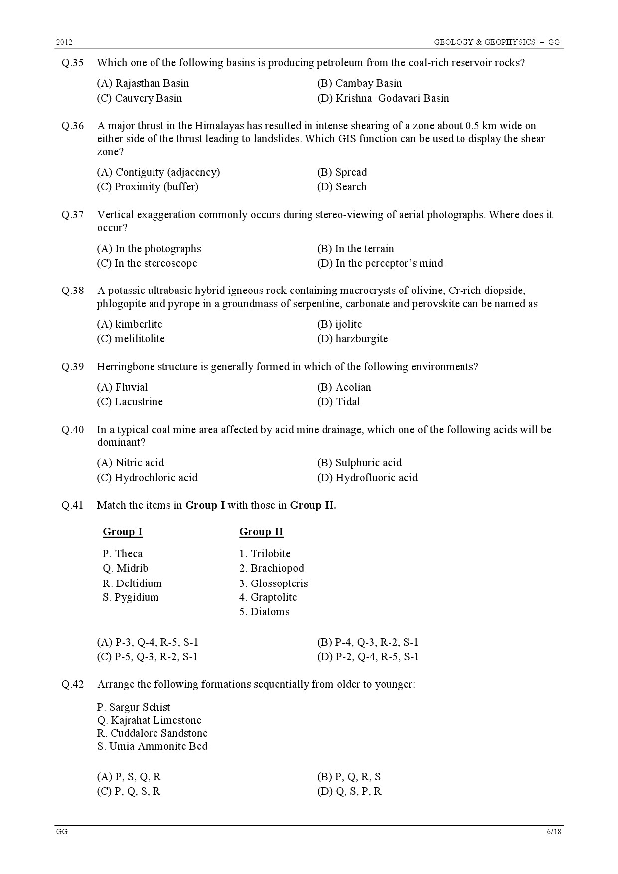 GATE Exam Question Paper 2012 Geology and Geophysics 6