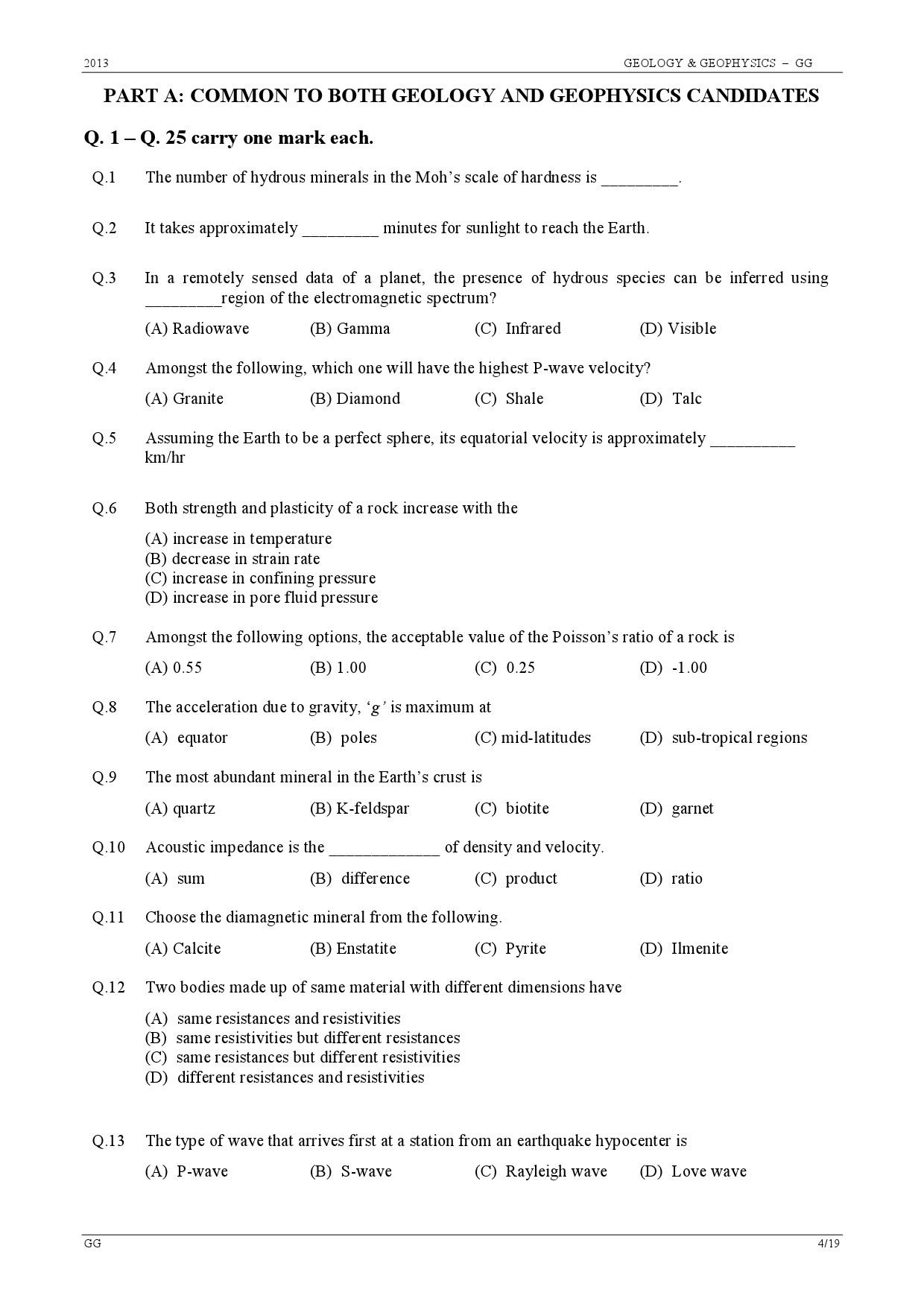 GATE Exam Question Paper 2013 Geology and Geophysics 4