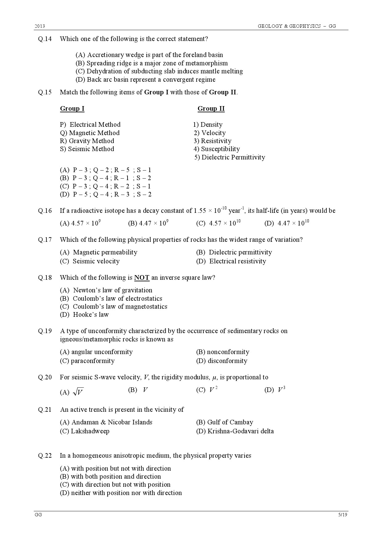 GATE Exam Question Paper 2013 Geology and Geophysics 5