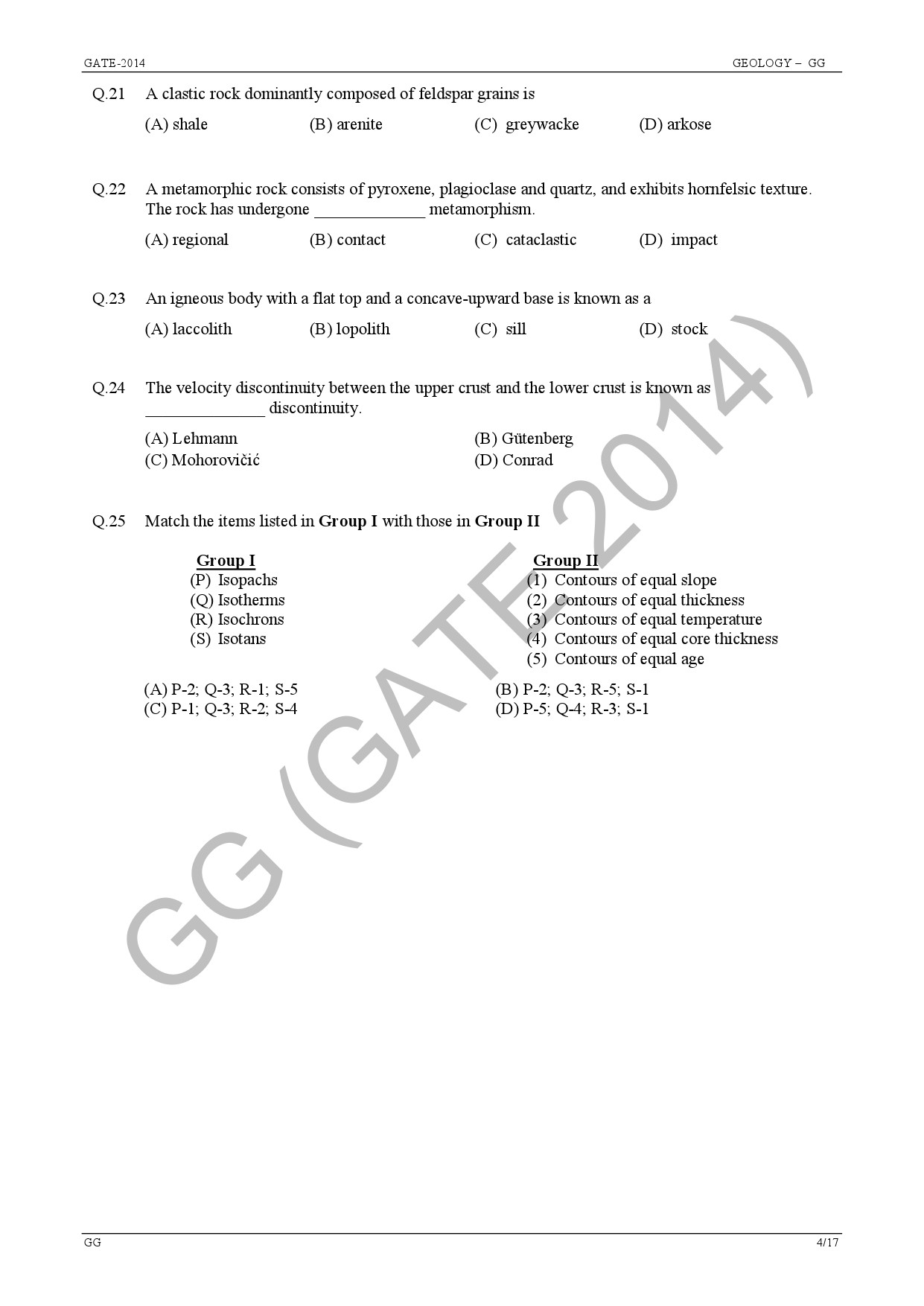 GATE Exam Question Paper 2014 Geology and Geophysics 10