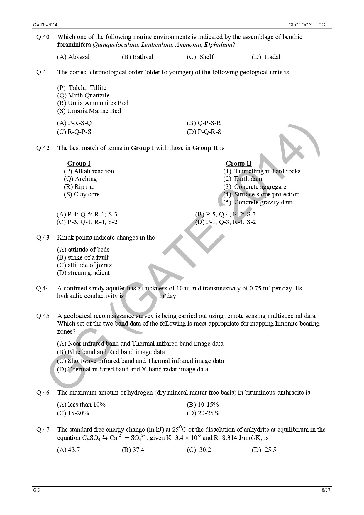 GATE Exam Question Paper 2014 Geology and Geophysics 14