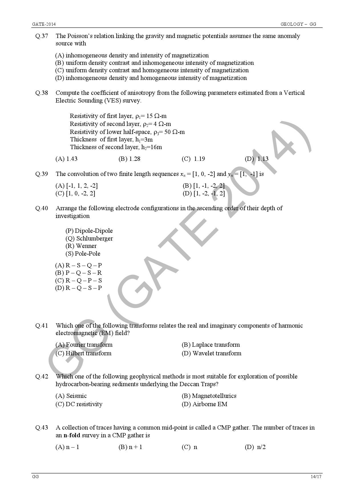 GATE Exam Question Paper 2014 Geology and Geophysics 20