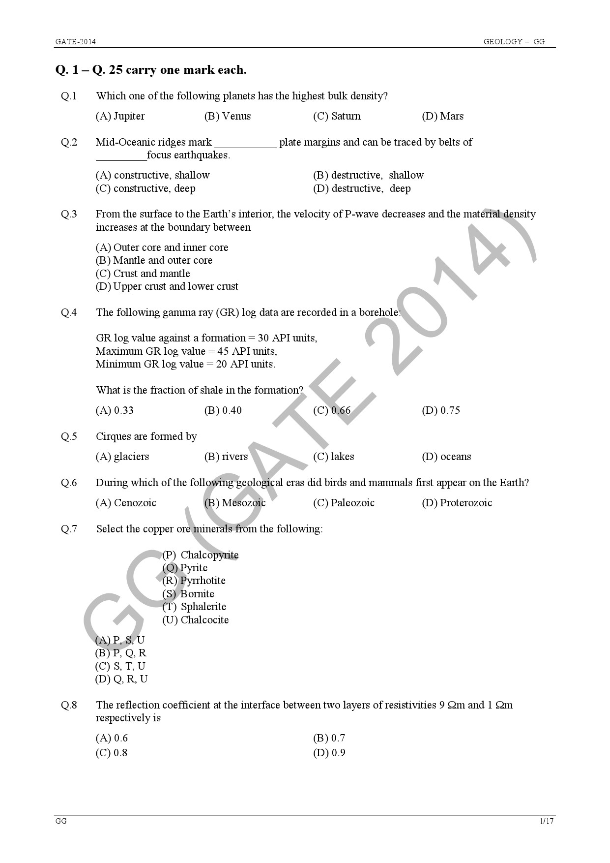 GATE Exam Question Paper 2014 Geology and Geophysics 7