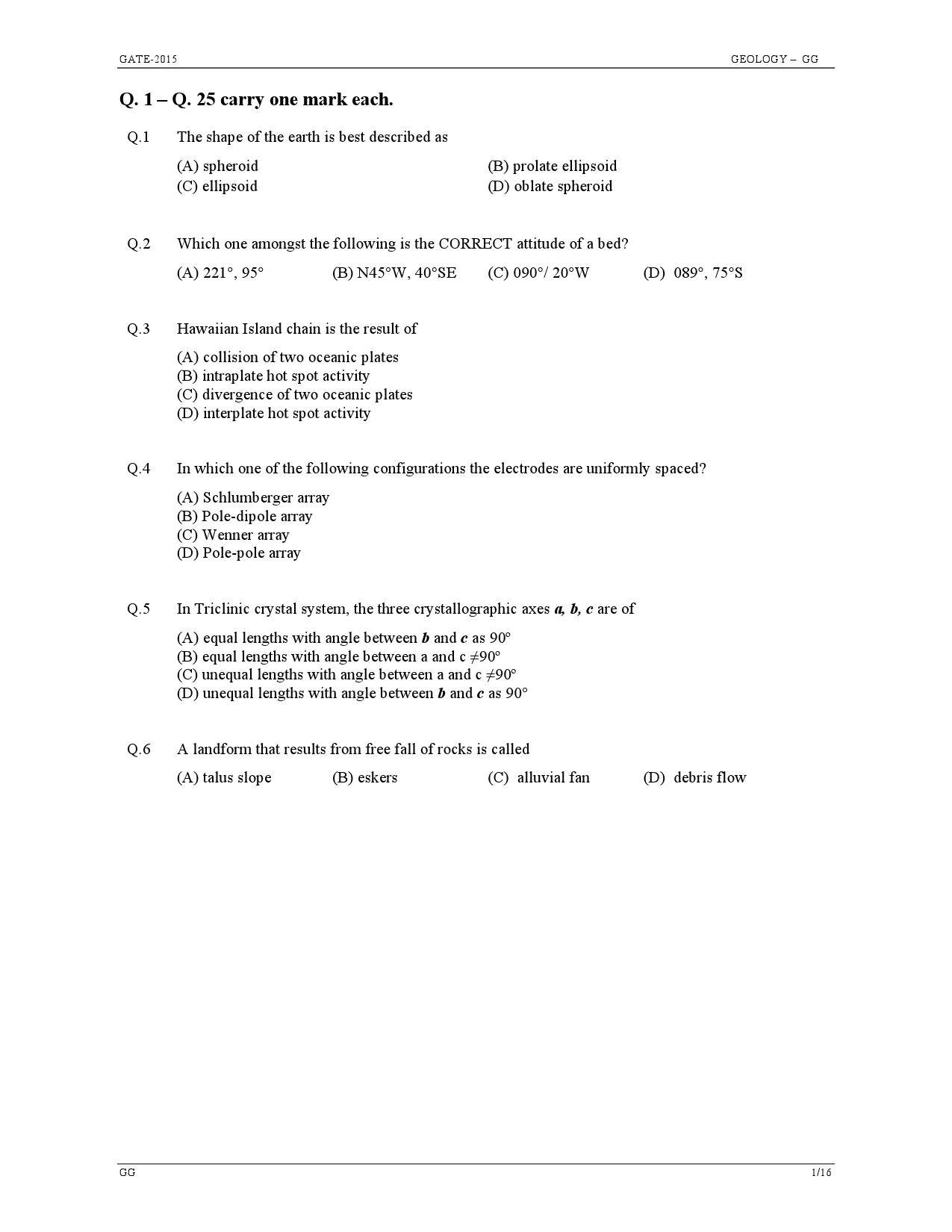 GATE Exam Question Paper 2015 Geology and Geophysics 1