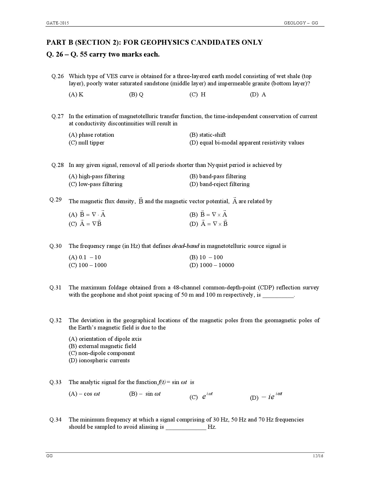 GATE Exam Question Paper 2015 Geology and Geophysics 12