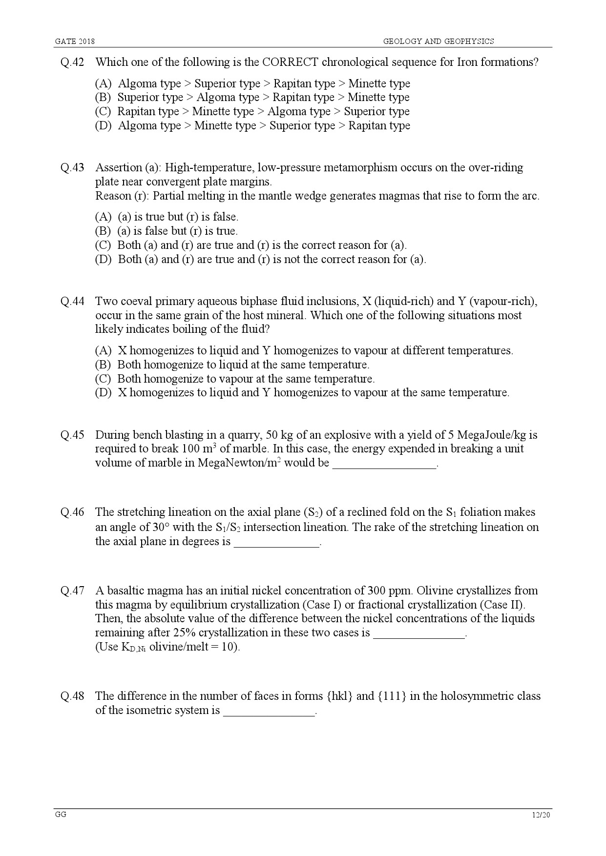 GATE Exam Question Paper 2018 Geology and Geophysics 14