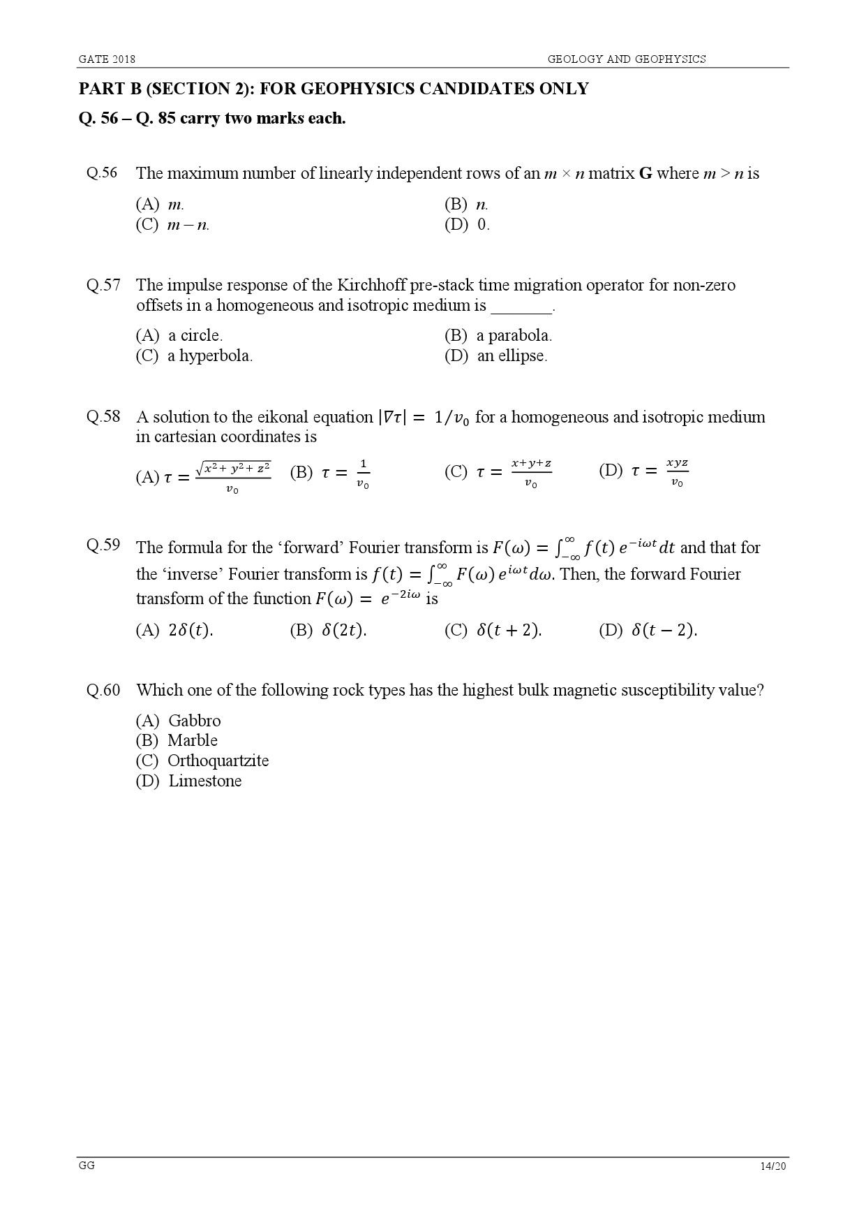 GATE Exam Question Paper 2018 Geology and Geophysics 16