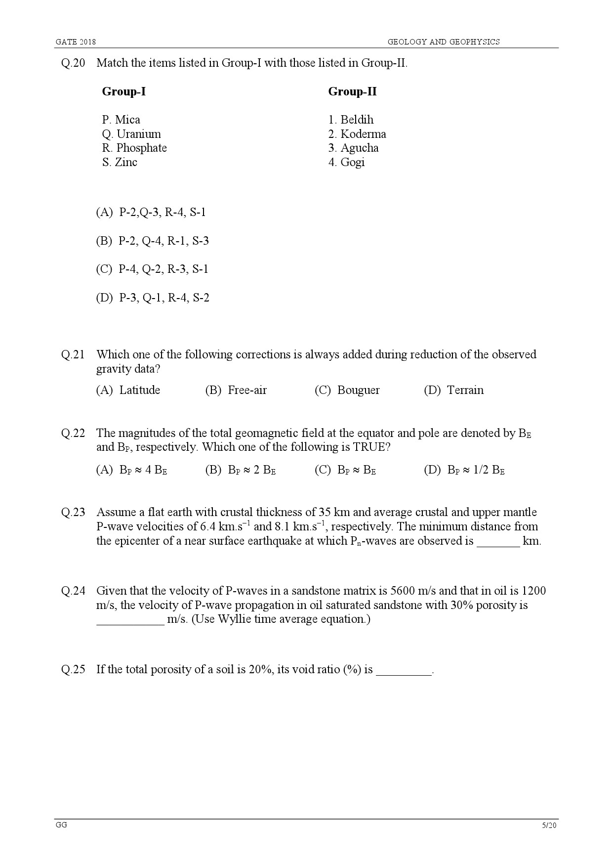 GATE Exam Question Paper 2018 Geology and Geophysics 7