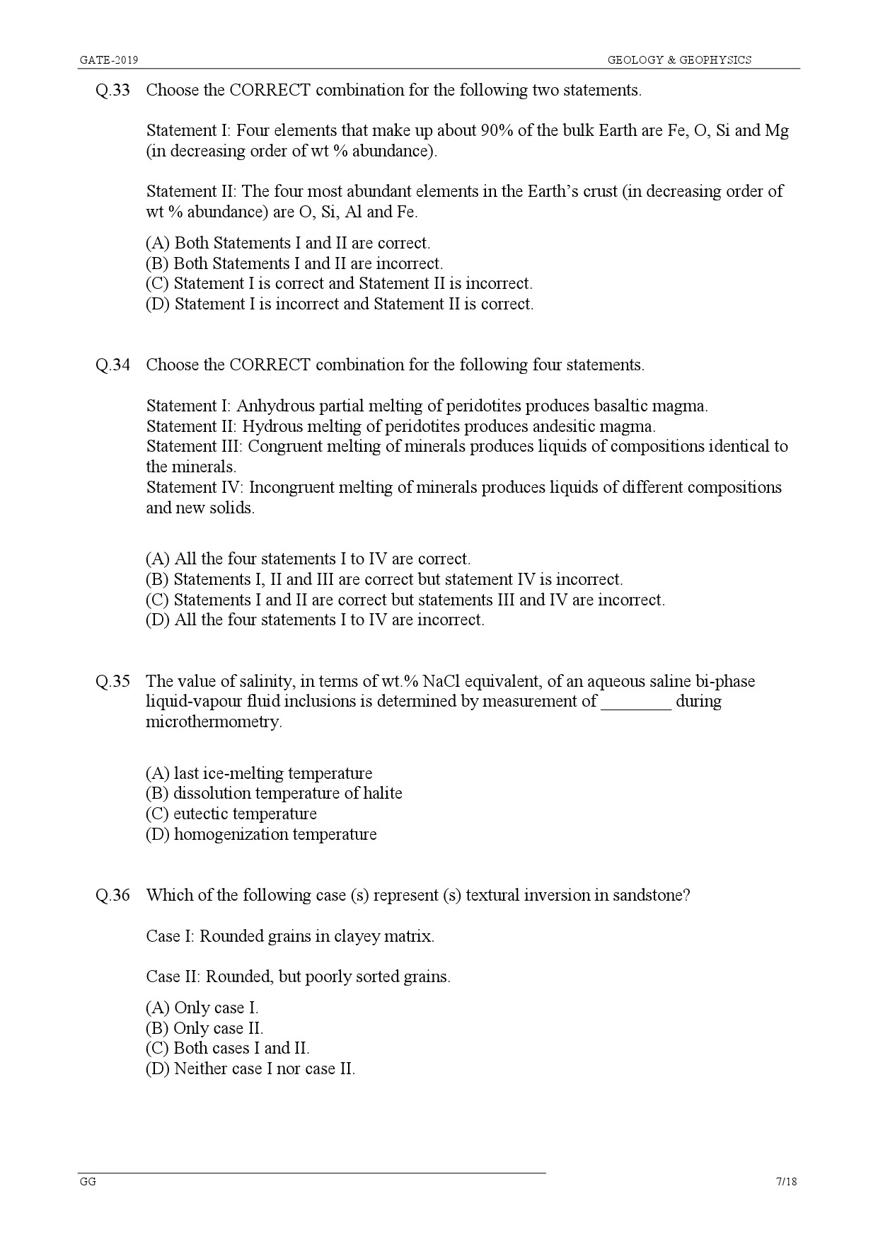 GATE Exam Question Paper 2019 Geology and Geophysics 10