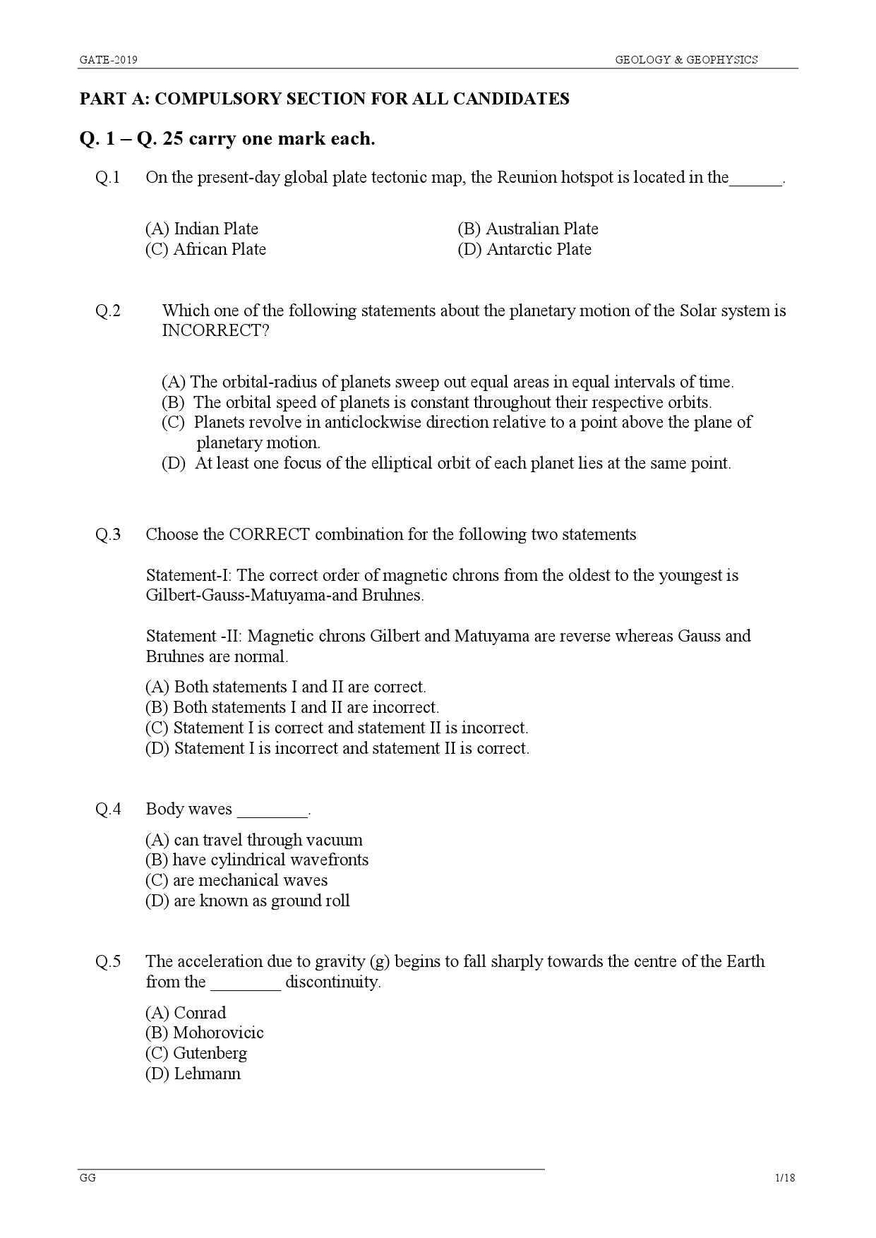 GATE Exam Question Paper 2019 Geology and Geophysics 4