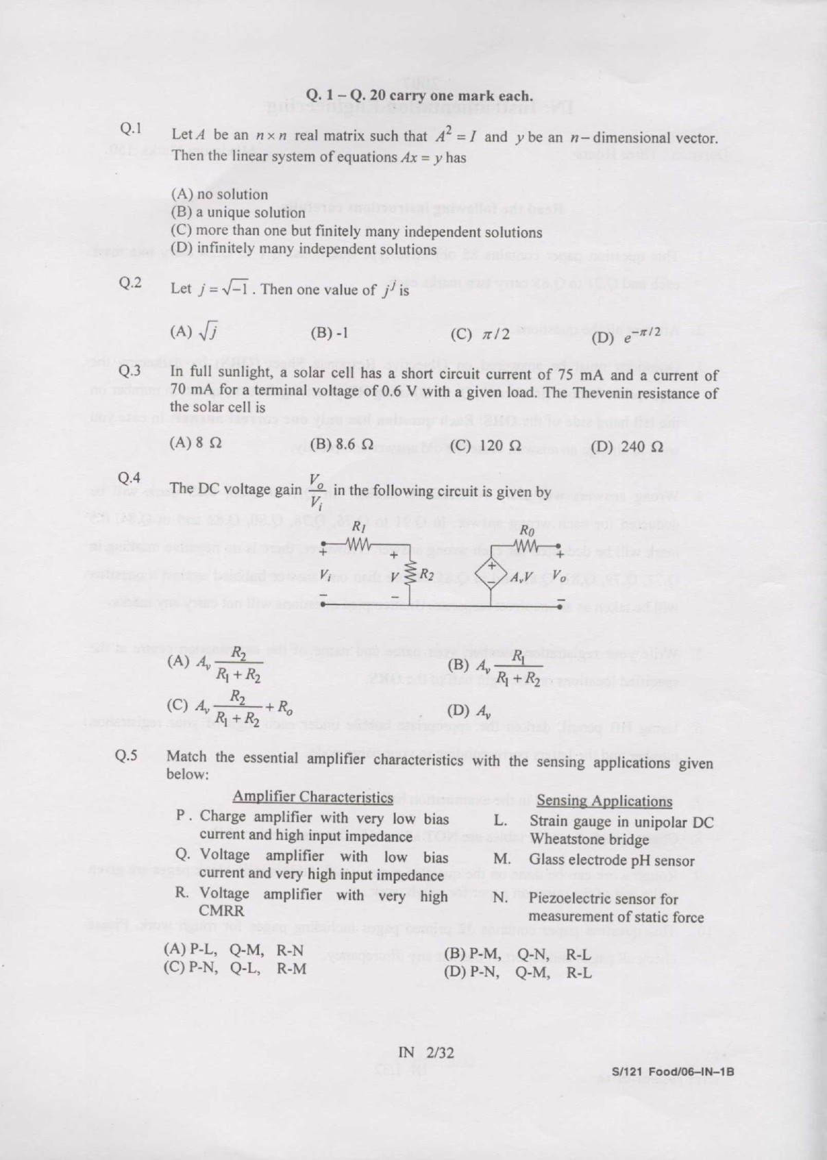 GATE Exam Question Paper 2007 Instrumentation Engineering 2