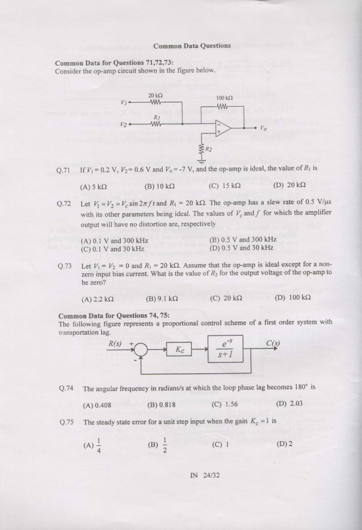 GATE Exam Question Paper 2007 Instrumentation Engineering 24