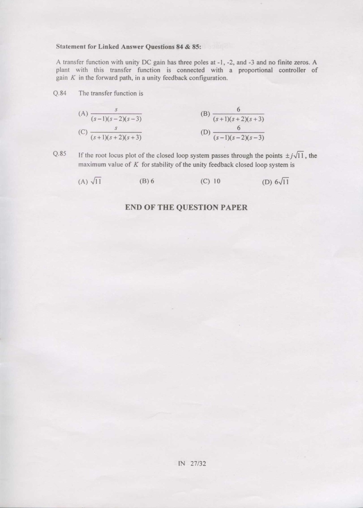 GATE Exam Question Paper 2007 Instrumentation Engineering 27