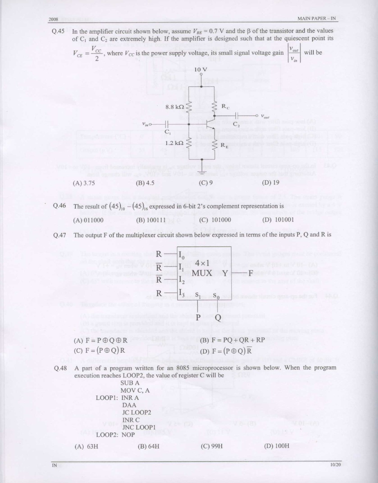GATE Exam Question Paper 2008 Instrumentation Engineering 10