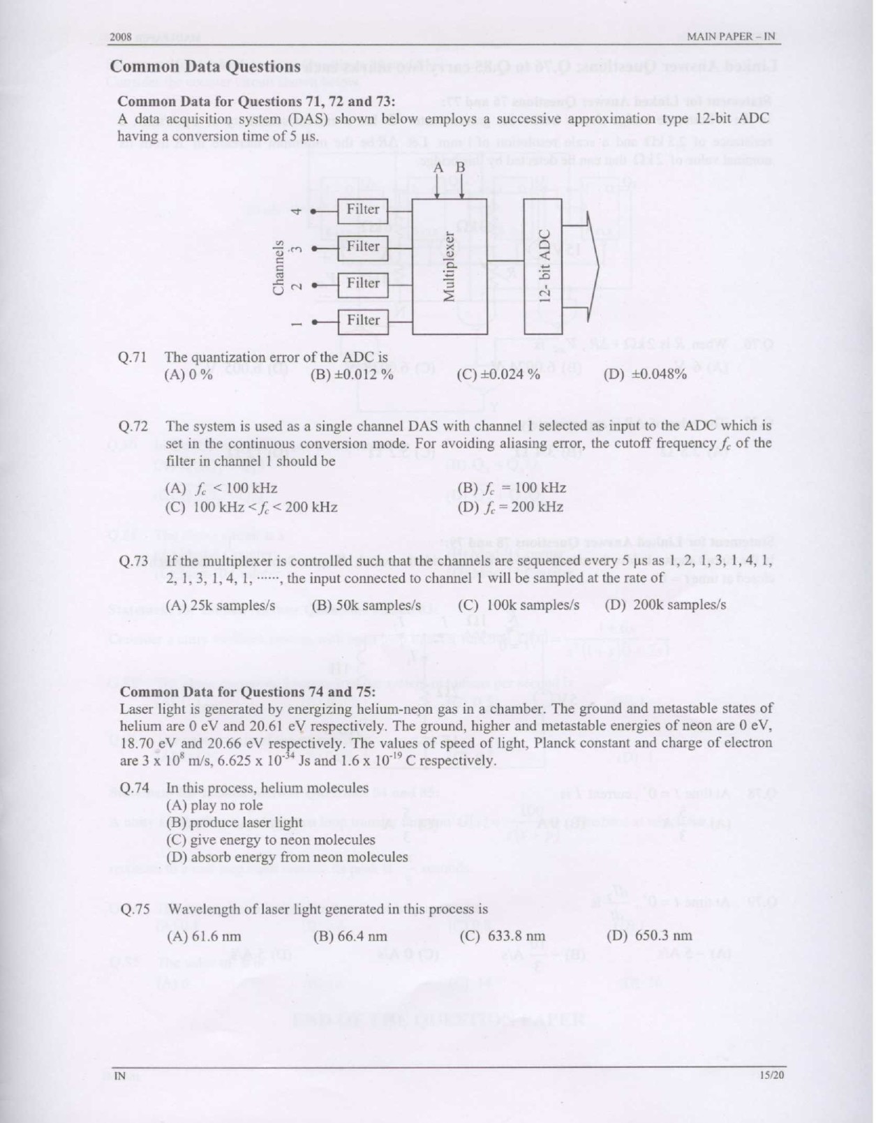 GATE Exam Question Paper 2008 Instrumentation Engineering 15