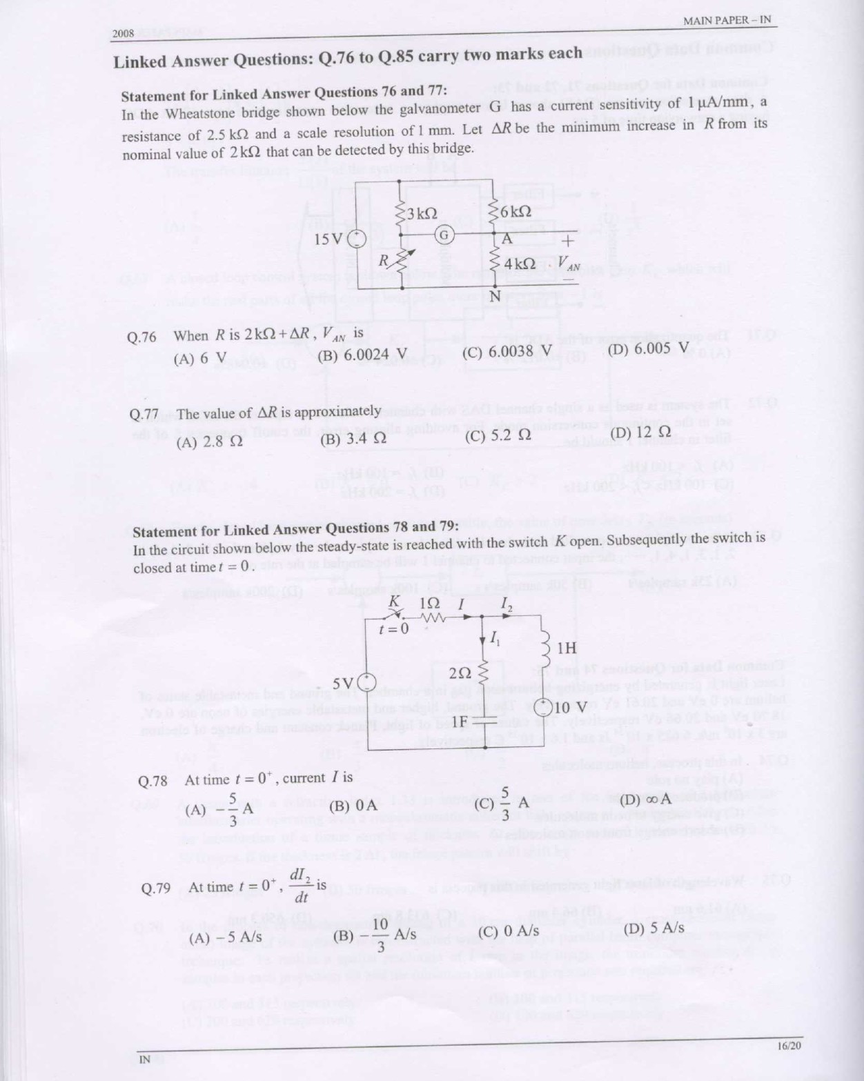 GATE Exam Question Paper 2008 Instrumentation Engineering 16