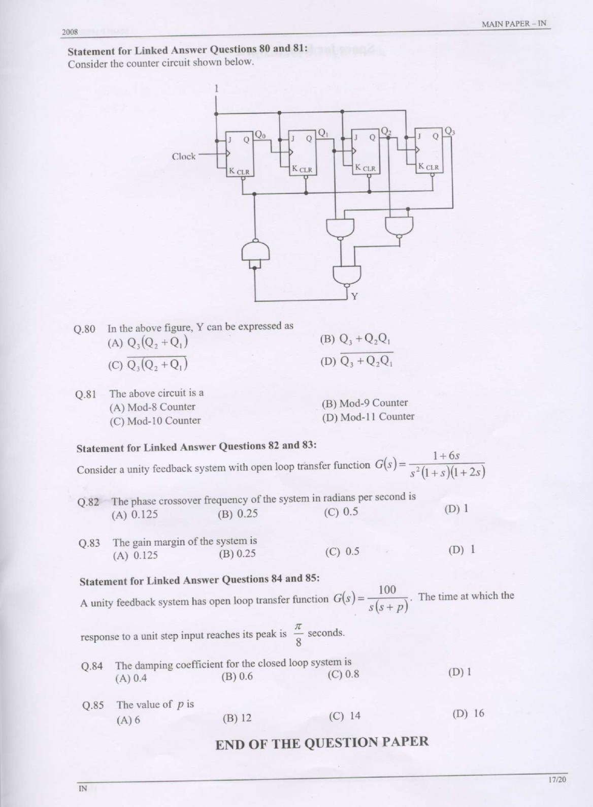 GATE Exam Question Paper 2008 Instrumentation Engineering 17