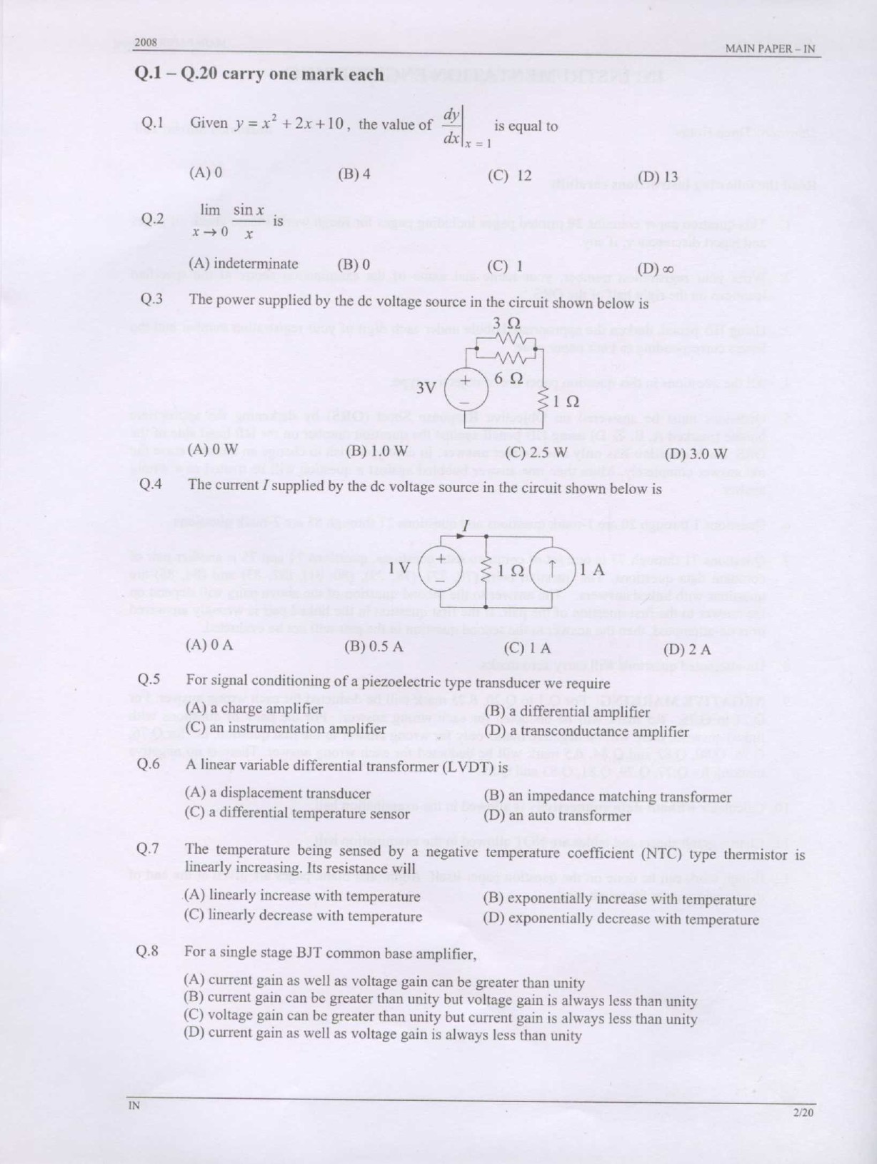 GATE Exam Question Paper 2008 Instrumentation Engineering 2