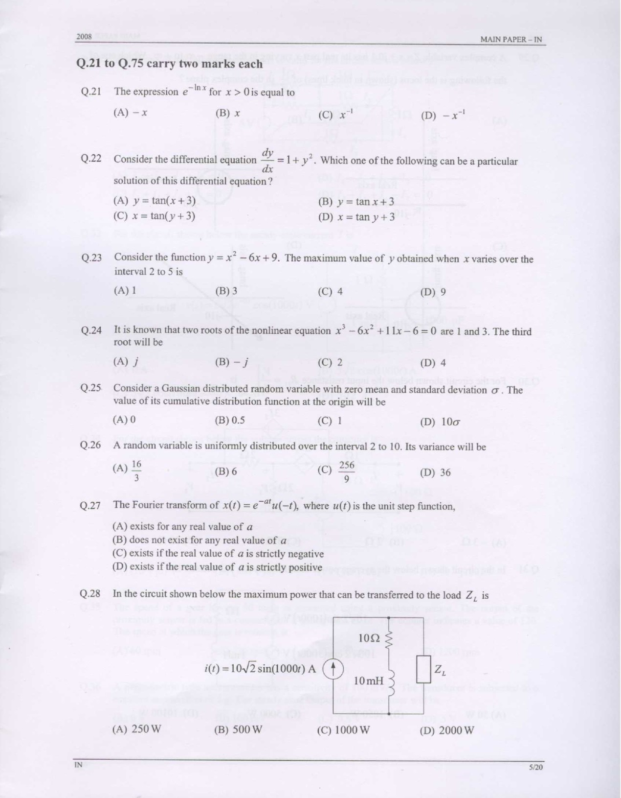 GATE Exam Question Paper 2008 Instrumentation Engineering 5